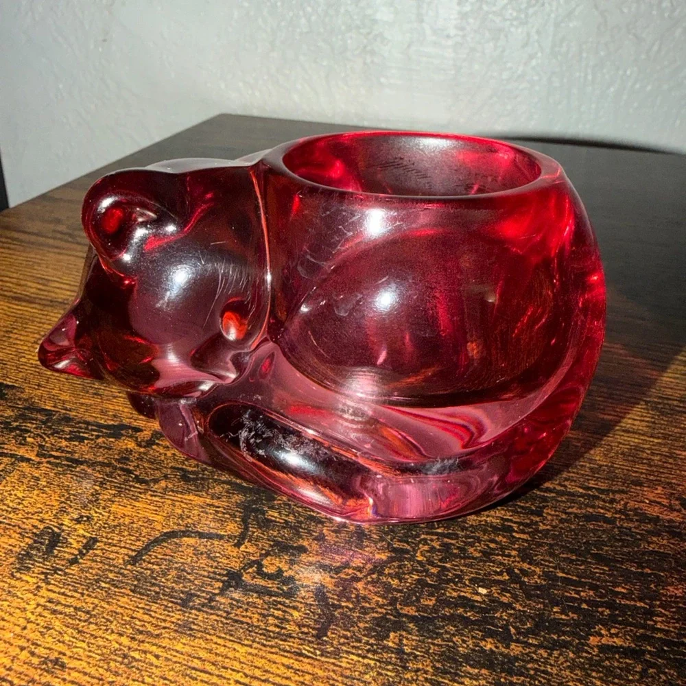 Vintage Indiana glass cat votive candle holder in cranberry pink 80’s decor - Picture 7 of 7